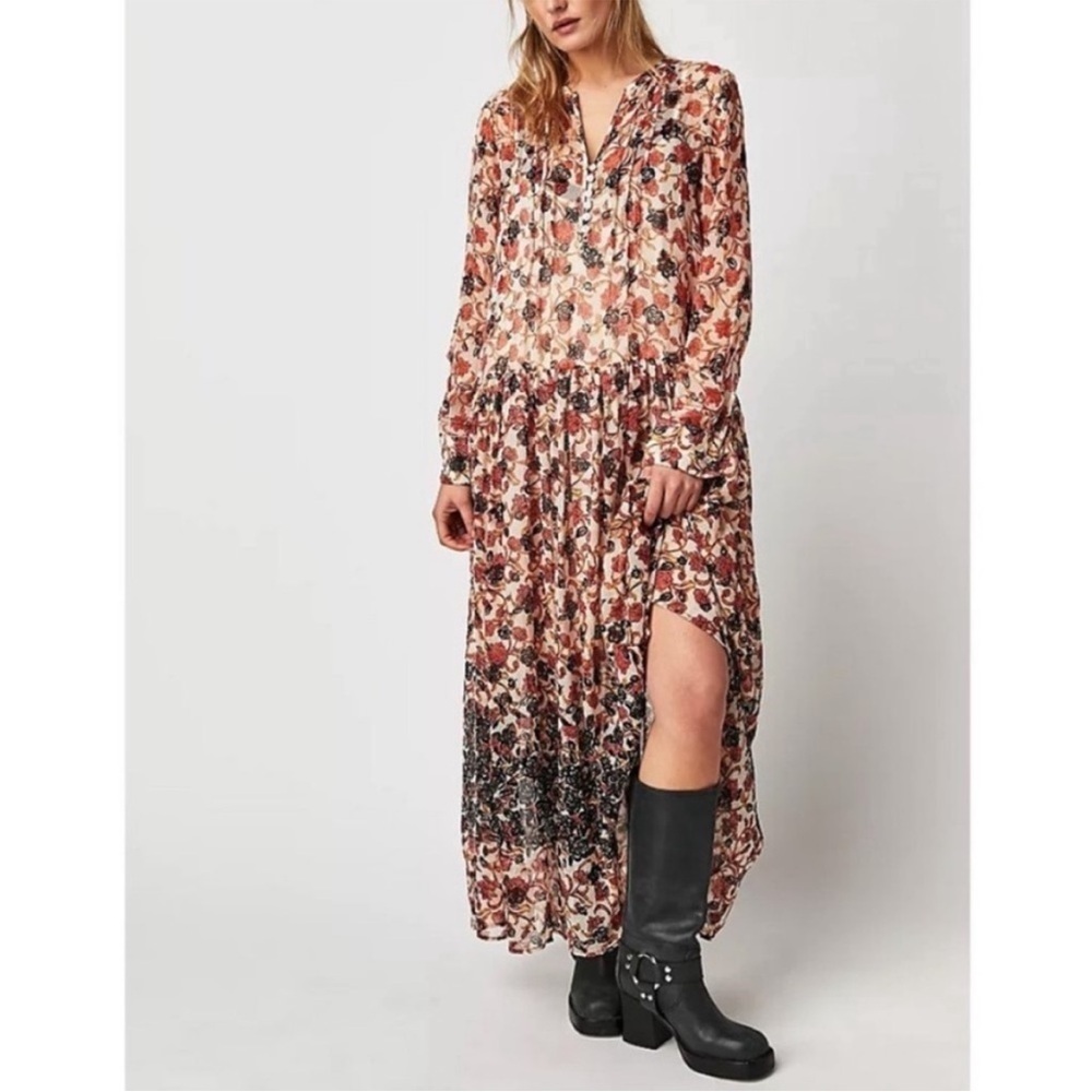 Free People See It Through Pleated Front Dress Maxi Tea Combo Lined Fall Sz S